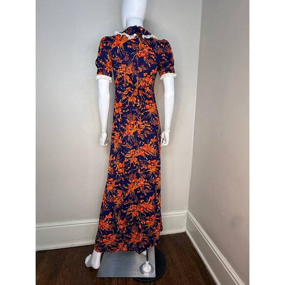 Vintage 1960s/70s Navy Blue and Orange Floral Maxi Dress, Size Small, Lace Trimm - Picture 4 of 5